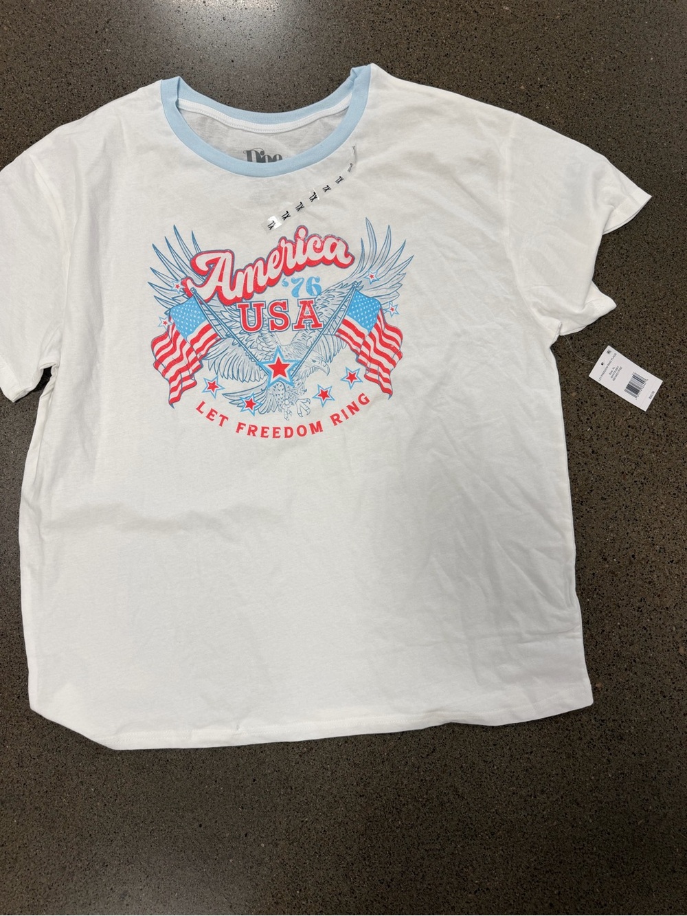 White Graphic Tee with Light Blue Trim - America USA